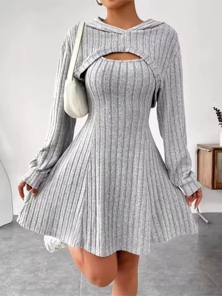 Lena Gray matching knit dress set with cropped hooded top, front cutout, and flared mini skirt