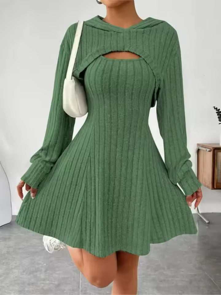 Lena Green matching dress set with vertical ribbed texture, long-sleeve cropped hoodie, and flared mini skirt