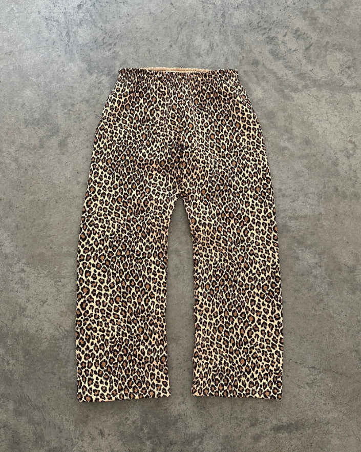 Lena Leopard matching straight-leg pants laid flat showing the elastic waist and allover print.