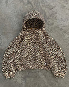 Lena Leopard hoodie laid flat showing the hood, dropped shoulders and allover leopard print.