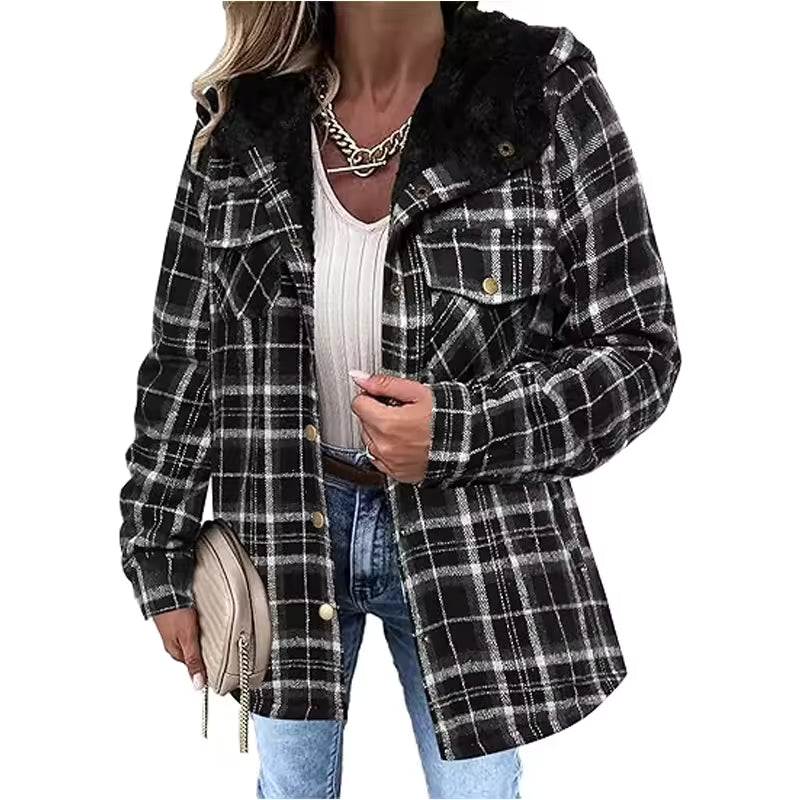 Lena plaid hooded jacket with long sleeves and front pockets, shown in a relaxed pose