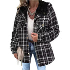 Lena plaid hooded jacket with long sleeves and front pockets, shown in a relaxed pose