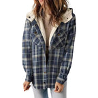 Lena plaid jacket with contrasting check pattern, plush-lined hood, and button-front design