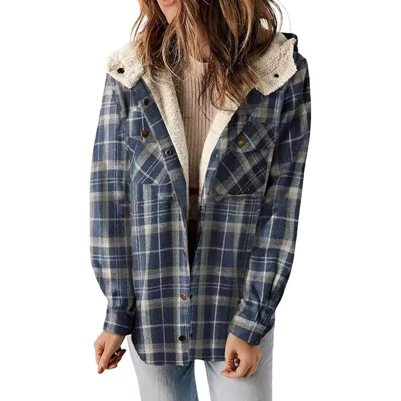 Lena plaid jacket with contrasting check pattern, plush-lined hood, and button-front design