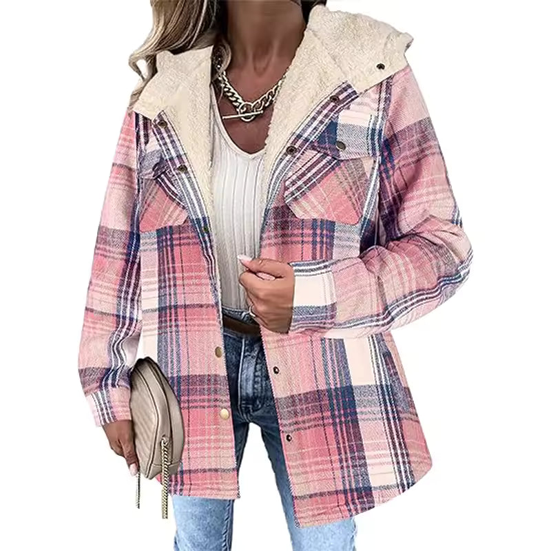 Lena plaid hooded jacket with plush-trimmed hood, long sleeves, and front patch pockets