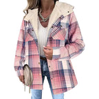 Lena plaid hooded jacket with plush-trimmed hood, long sleeves, and front patch pockets