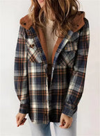 Lena plaid jacket with front button closure, relaxed fit, and attached hood