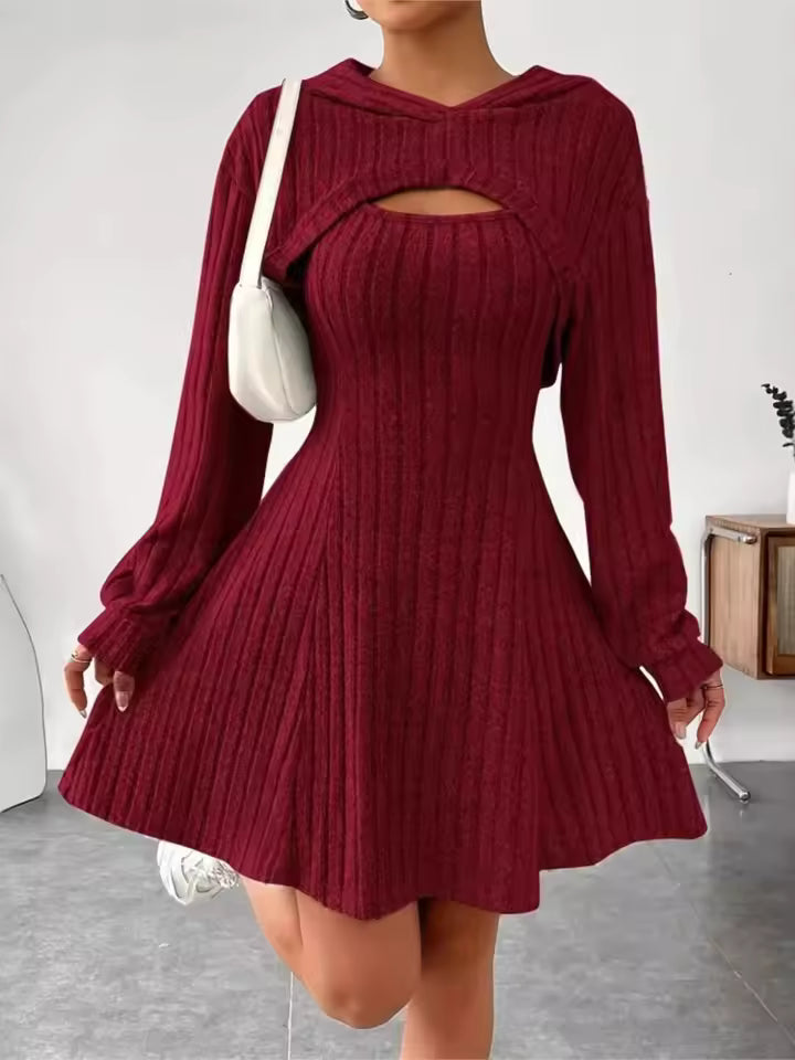 Lena Red ribbed knit two-piece dress set with sleeveless A-line mini dress, cropped hooded top, and front cutout