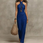 Front view of Dark Blue Leyla Linen Halterneck Maxi Dress with Stylish Front-Twist Design by BELLA HUDSON