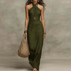 Front view of Green Leyla Linen Halterneck Maxi Dress with Stylish Front-Twist Design by BELLA HUDSON