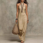 Front view of Khaki Leyla Linen Halterneck Maxi Dress with Stylish Front-Twist Design by BELLA HUDSON