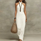 Front view of White Leyla Linen Halterneck Maxi Dress with Stylish Front-Twist Design by BELLA HUDSON