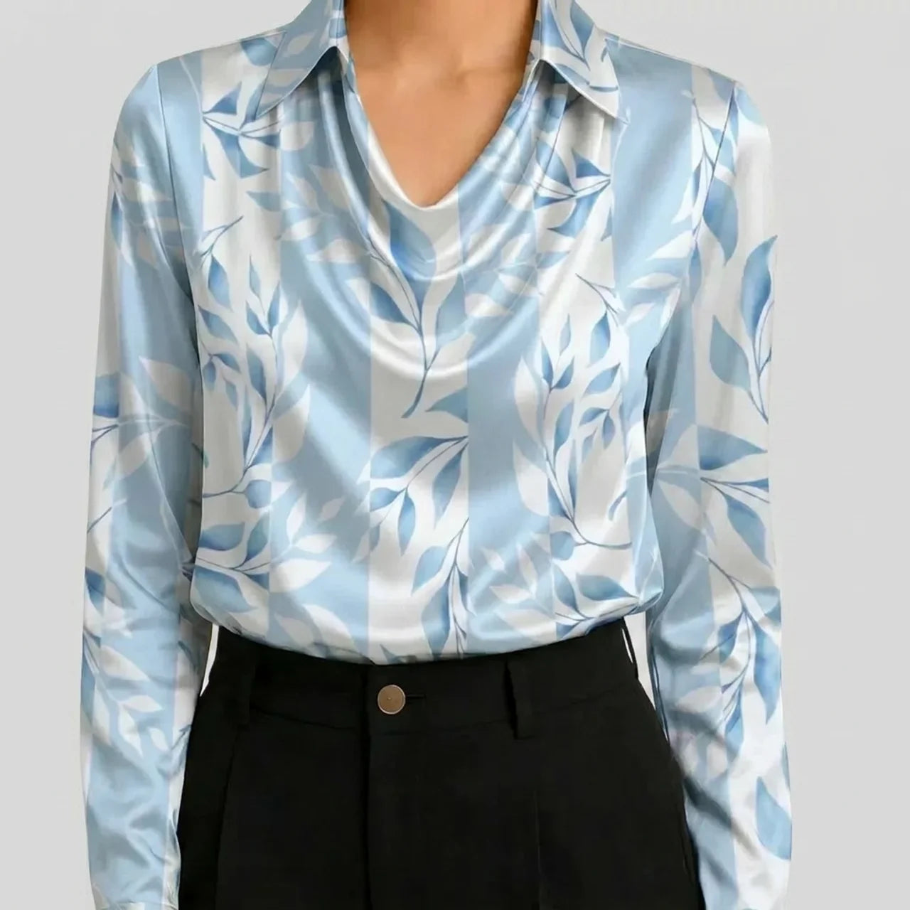 Light blue satin cowl neck blouse with floral print front view BELLA HUDSON