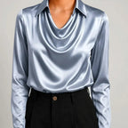 Light blue satin cowl neck blouse with long sleeves front view BELLA HUDSON