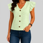 Front view of light green ruffle sleeve knit top with button-front detail and V-neckline by BELLA HUDSON
