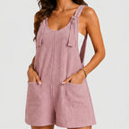 Front view of light pink sleeveless short jumpsuit with relaxed fit by BELLA HUDSON