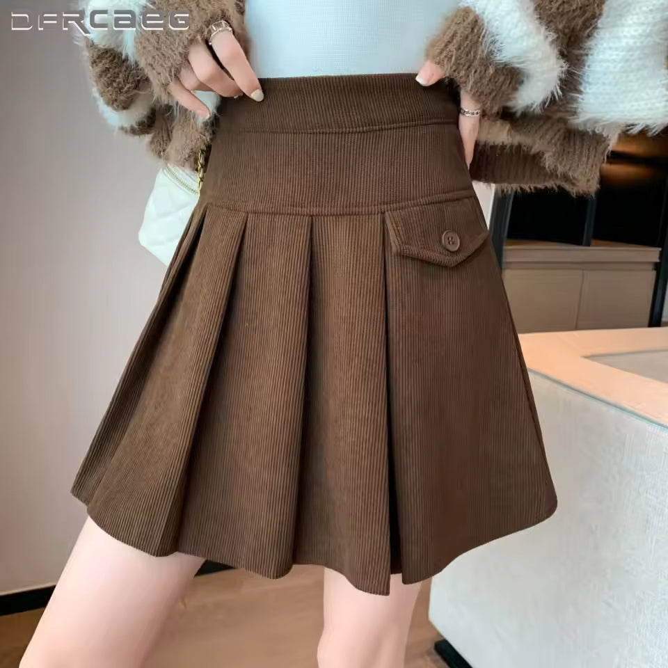 Lila Brown corduroy pleated mini skirt with high waist and flared silhouette