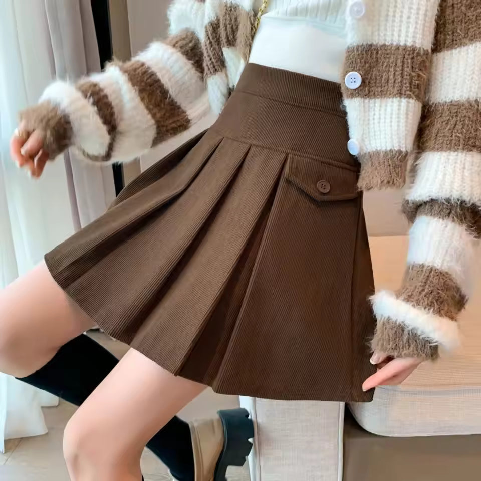 Lila Brown corduroy pleated mini skirt styled with a flared A-line shape
