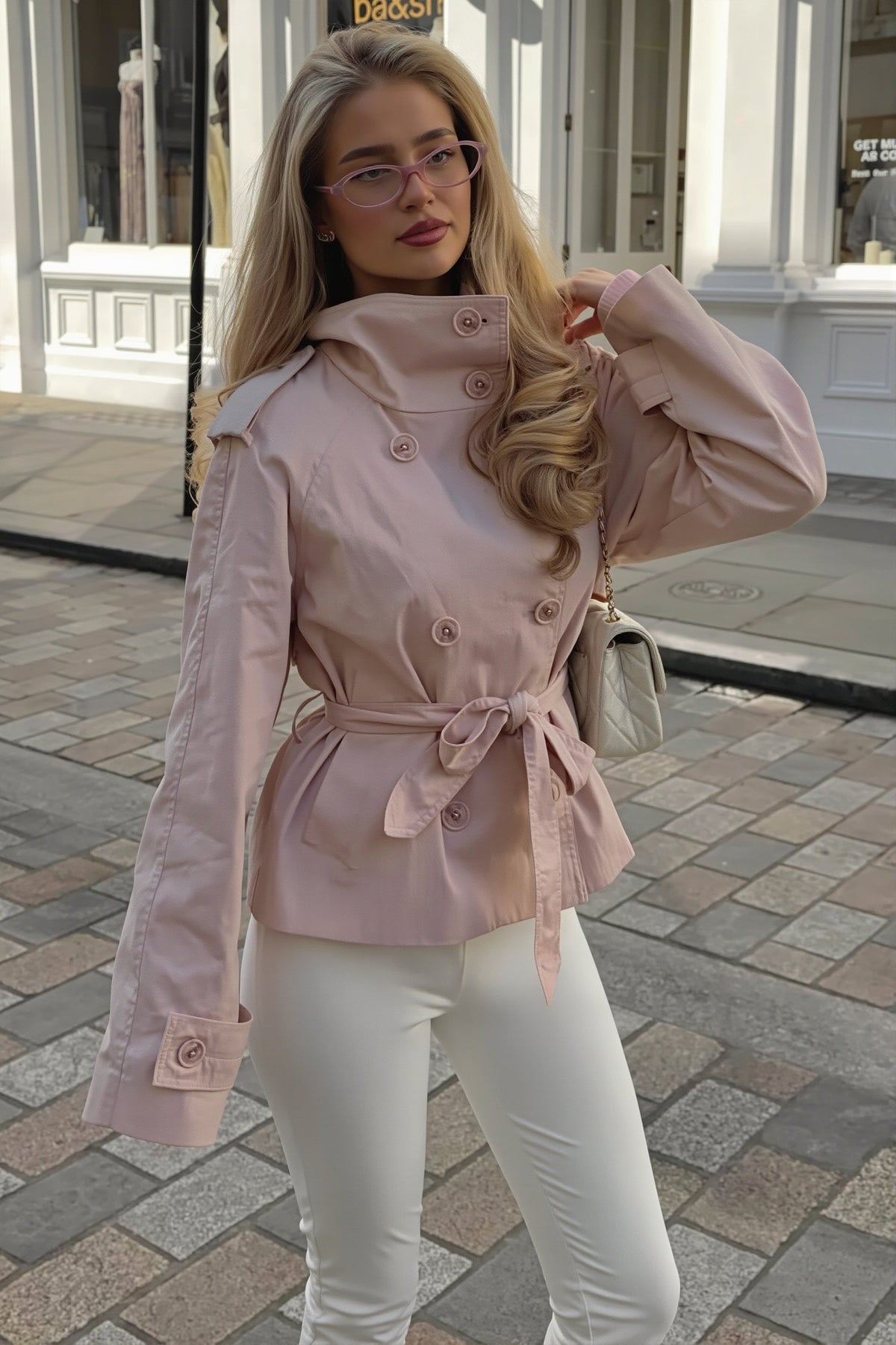 Lila Pink double-breasted short jacket styled with the belt tied at the waist and white trousers on a cobblestone street.