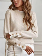 Lillian Beige lace-trim knit sweater with a crew neck, decorative button cuffs, long sleeves, and an easy relaxed fit