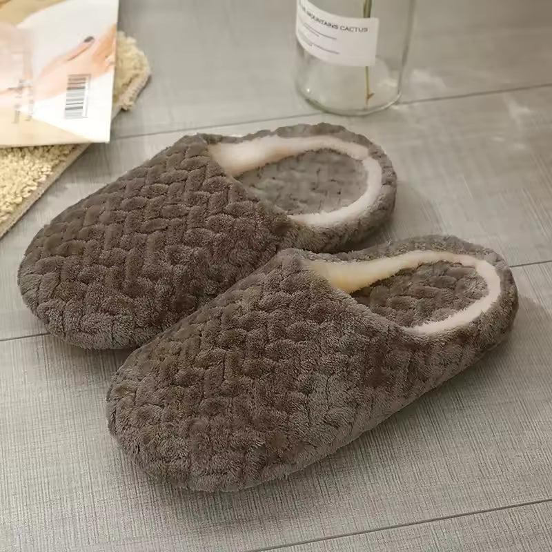 Lily Brown plush house slippers with textured woven-look upper, soft lining, closed toe, and slip-on design