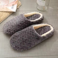 Lily Gray slip-on house slippers featuring a textured upper, plush interior lining, and rounded closed toe