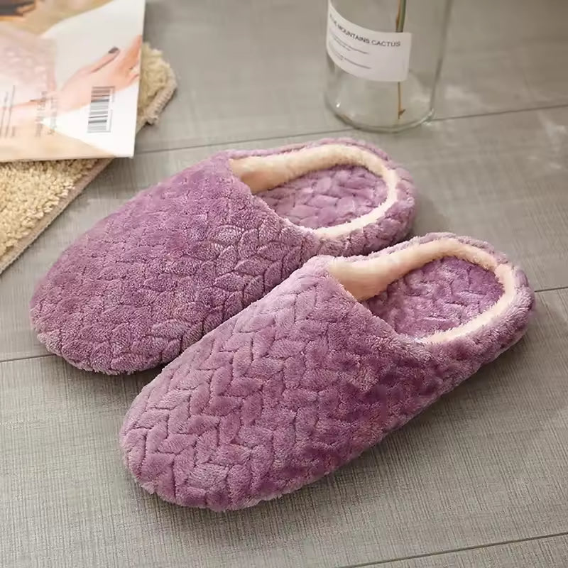 Lily Purple plush slippers with woven-look texture, soft interior lining, and convenient slip-on design