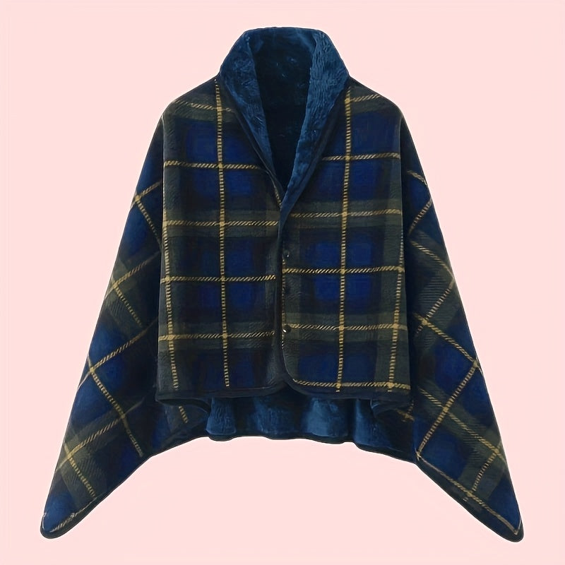 Linnea Blue plaid buttoned wrap shawl featuring a wide collar, button-front design, cape-style sleeves, and relaxed oversized silhouette
