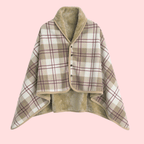Linnea Green plaid buttoned wrap shawl featuring a wide shawl collar, button-front closure, cape-style sleeves, and relaxed drape