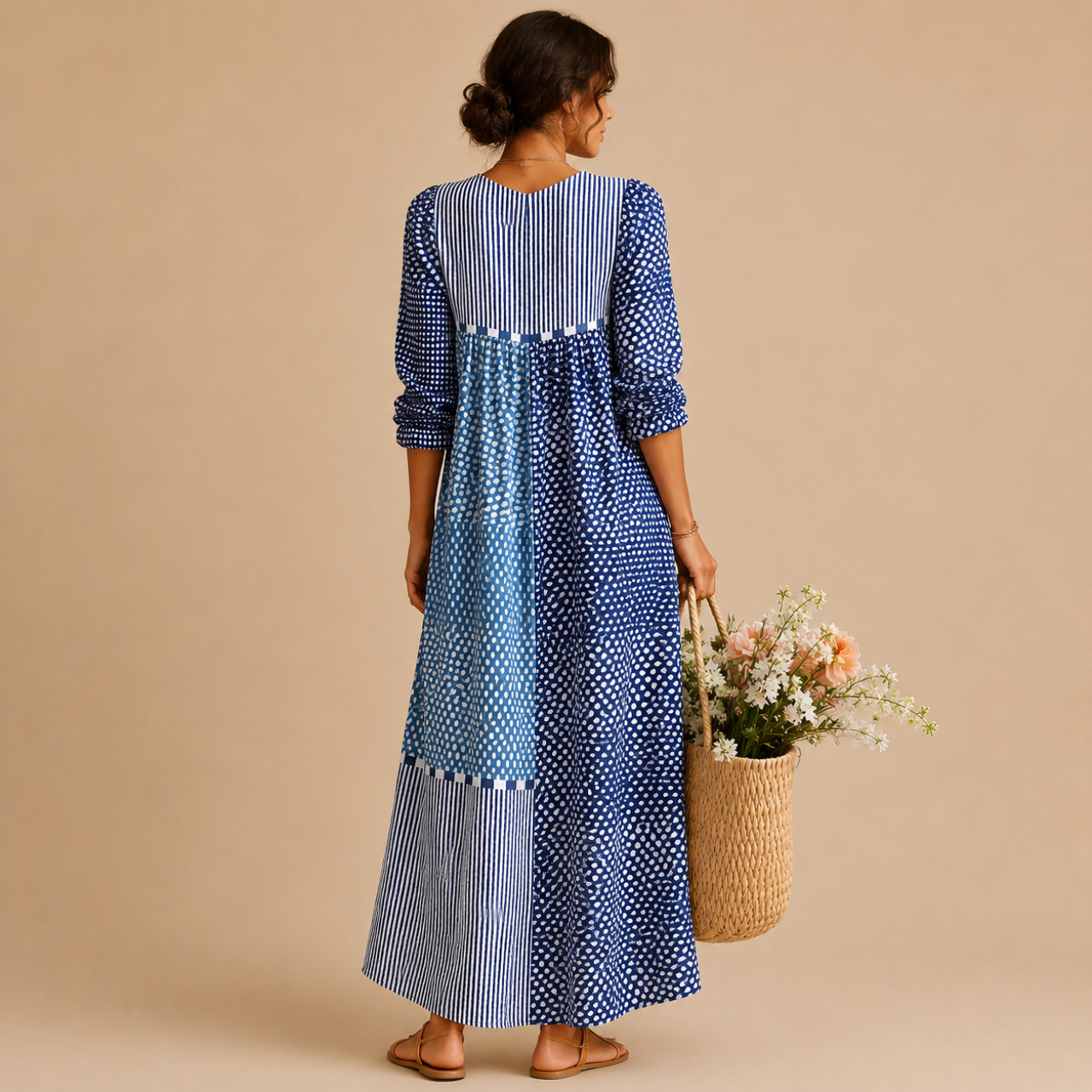 Back view of the Liv Lightweight Polka-Dot Everyday Maxi Dress in blue featuring a patchwork polka-dot design, long sleeves, and a relaxed maxi-length silhouette. Designed by Bella Hudson.