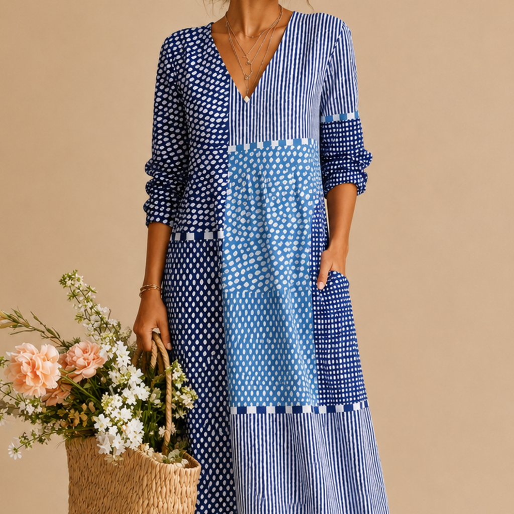 Close-up detail of the Liv Lightweight Polka-Dot Everyday Maxi Dress in blue highlighting the patchwork polka-dot pattern, V-neckline, lightweight fabric, and relaxed construction. Designed by Bella Hudson.