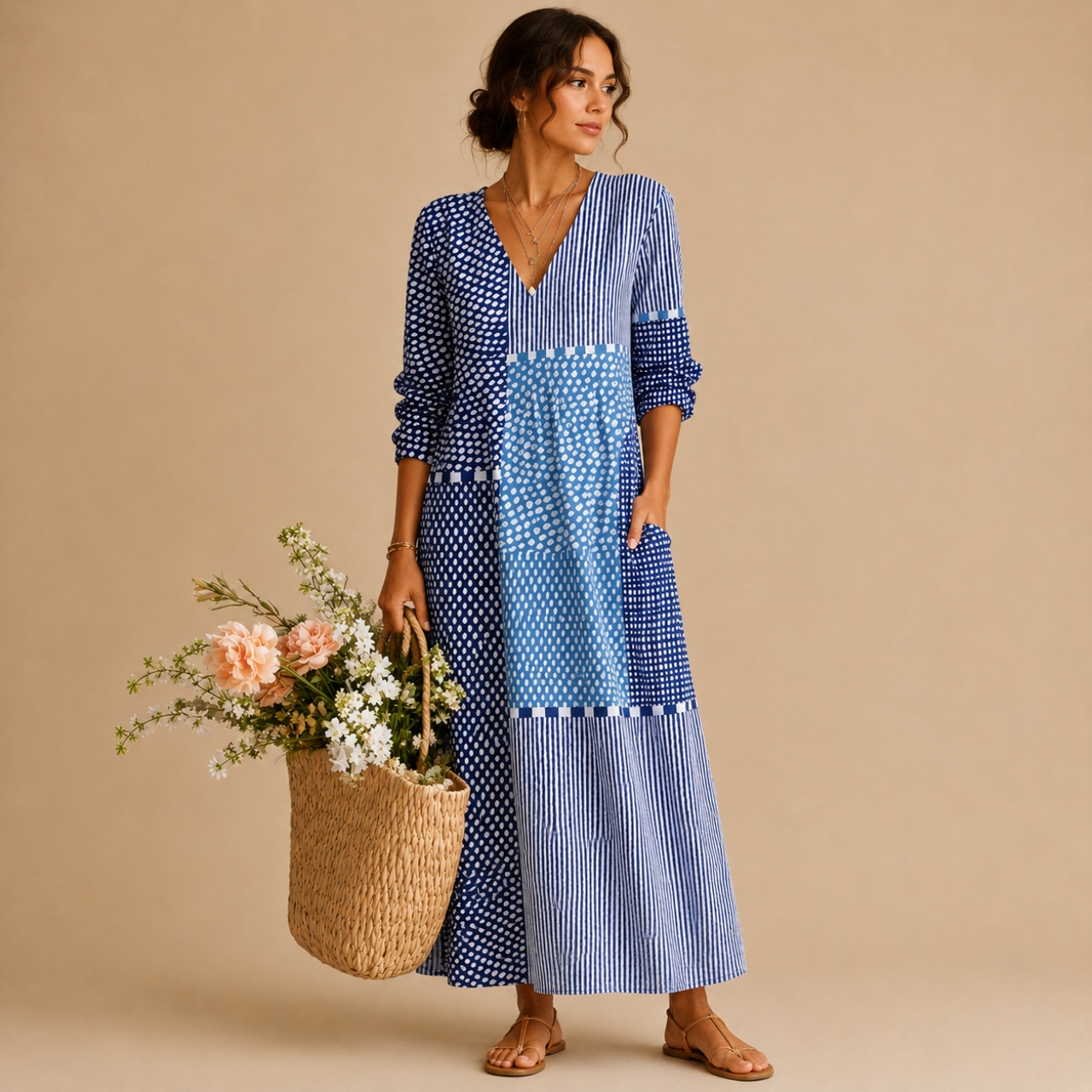 Full-length view of the Liv Lightweight Polka-Dot Everyday Maxi Dress in blue featuring a V-neckline, patchwork polka-dot design, long sleeves, practical pockets, and an easy everyday silhouette. Designed by Bella Hudson.