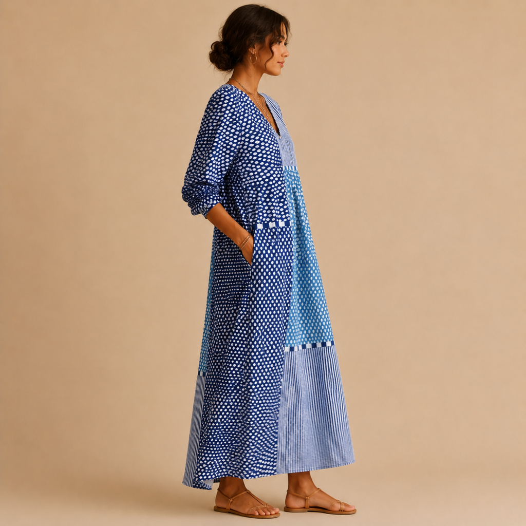 Side view of the Liv Lightweight Polka-Dot Everyday Maxi Dress in blue featuring a V-neckline, long sleeves, patchwork polka-dot pattern, practical pockets, and a relaxed flowing silhouette. Designed by Bella Hudson.