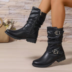 Lorraine Black faux leather slouch mid-calf boots with decorative buckle straps, side zipper, rounded toe, and low block heel