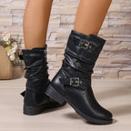 Lorraine Black faux leather slouch mid-calf boots shown from the side with layered buckle straps, side zip, rounded toe, and low heel