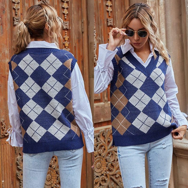 Louisa Plaid Knit Vest V-Neck, back view