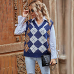 Louisa Plaid Knit Vest V-Neck, detail view