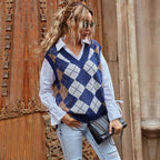 Louisa Plaid Knit Vest V-Neck, front view