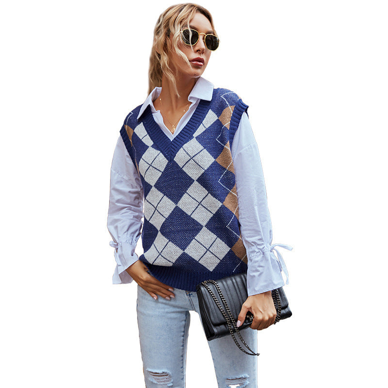 Louisa Plaid Knit Vest V-Neck, lifestyle view