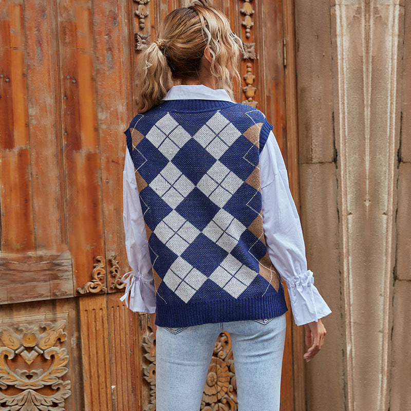 Louisa Plaid Knit Vest V-Neck, styled view