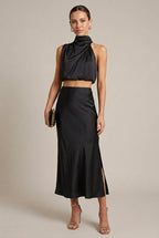 Lucienne evening halter satin two-piece set, Black