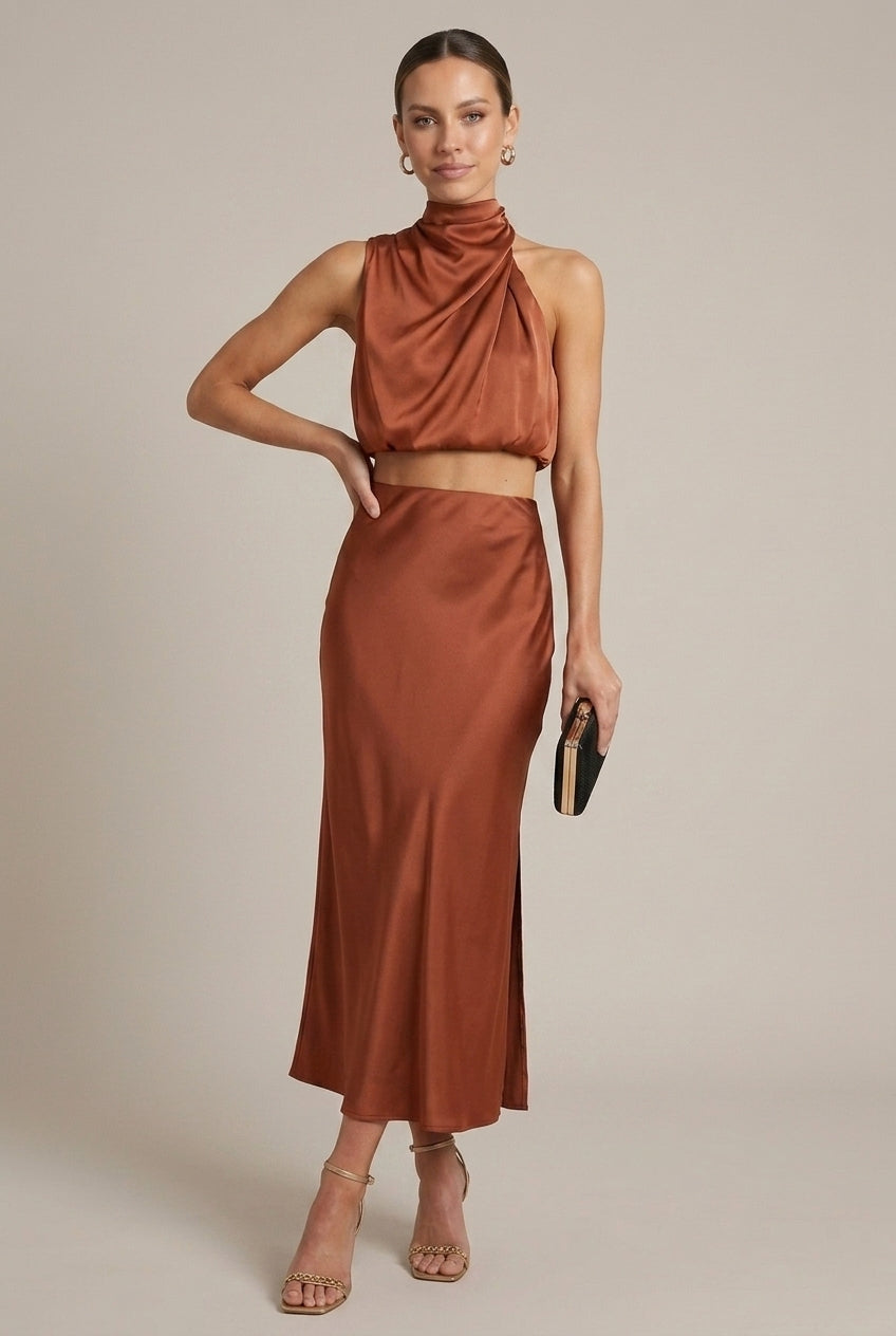 Lucienne evening halter satin two-piece set, Bronze