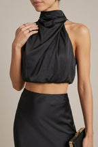 Lucienne evening halter satin two-piece set, detail view