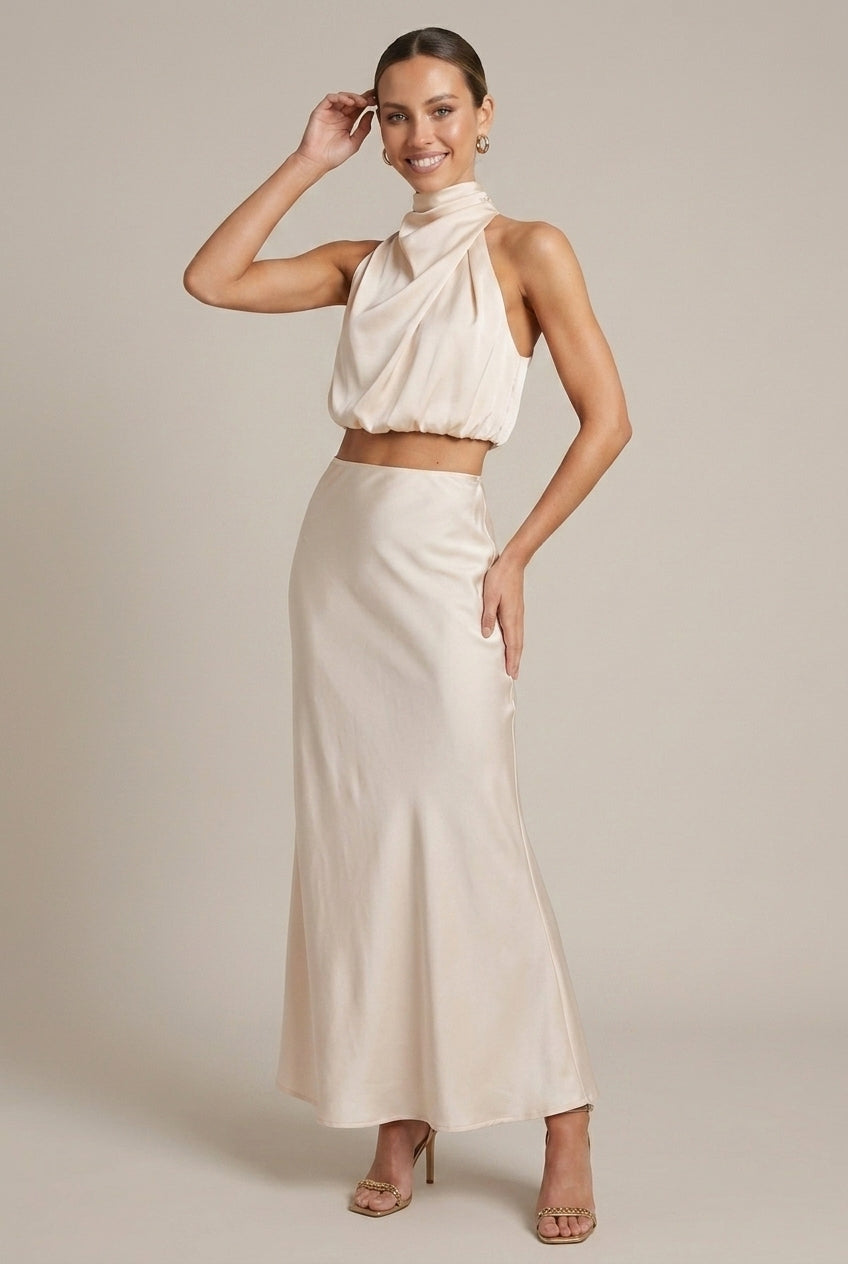 Lucienne evening halter satin two-piece set, Light Pink