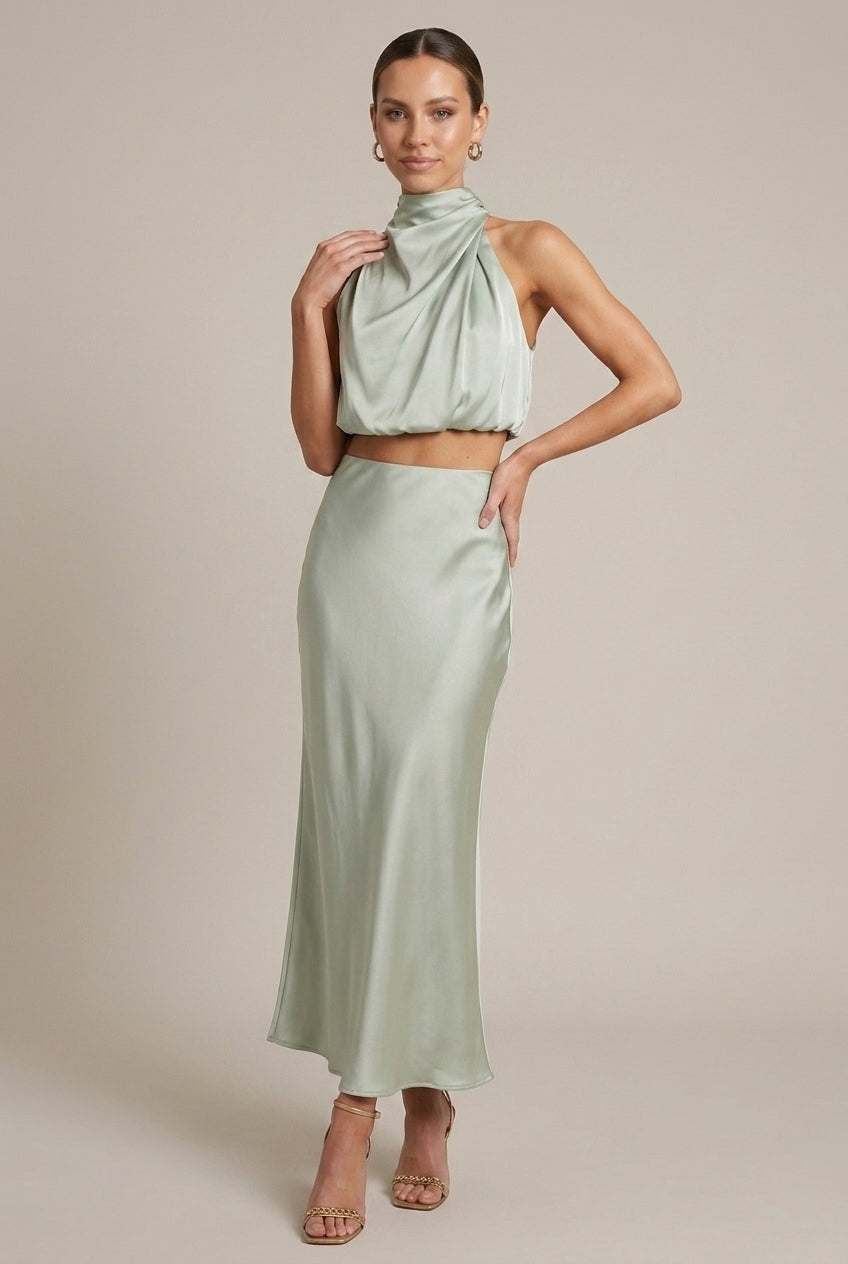 Lucienne evening halter satin two-piece set, Sage Green