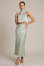 Lucienne evening halter satin two-piece set, Sage Green