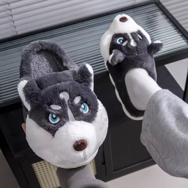 Luna Black plush dog slippers featuring raised ears, embroidered facial details, closed toes, and slip-on design