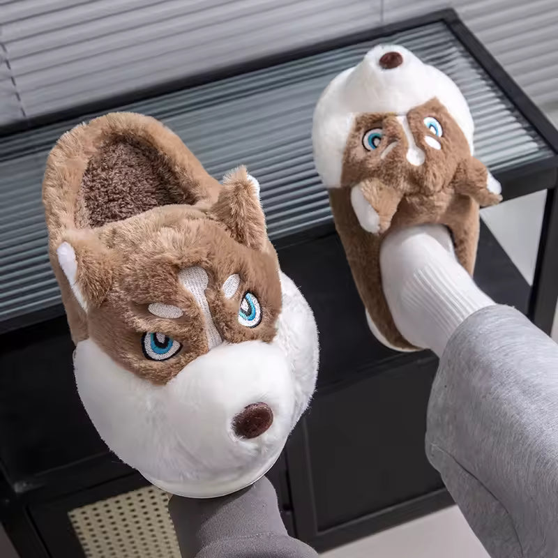 Luna Brown cartoon dog house slippers with plush uppers, dimensional faces, rounded closed toes, and thick soles