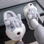 Luna Gray plush dog slippers featuring embroidered facial details, raised ears, soft uppers, and easy slip-on construction