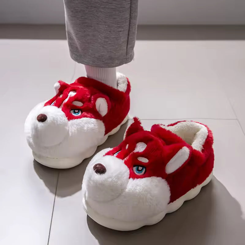 Luna Red cartoon dog plush house slippers with dimensional animal faces, raised ears, rounded closed toes, and thick soles